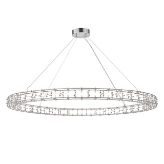 Unlit Aura halo chandelier, hung by four thin cables from a round ceiling canopy