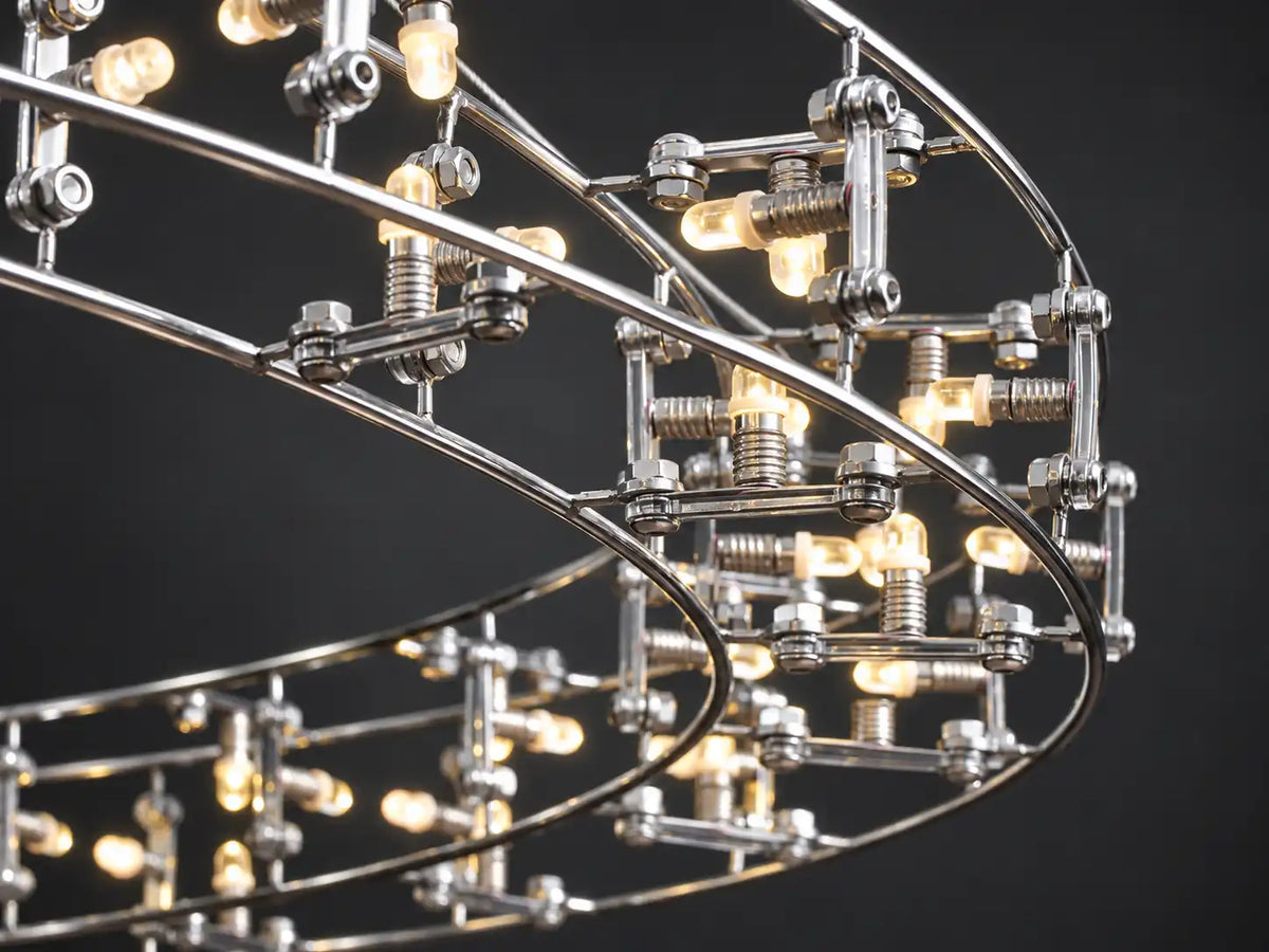 Moorizon stainless steel ring chandelier with warm LED bulbs, polished metal rails and a slim suspension cable.