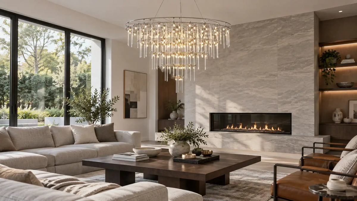 Modern living room lighting: large Aura Round Tiered Glass Rod Chandelier over a coffee table, with a beige sectional and a marble linear fireplace