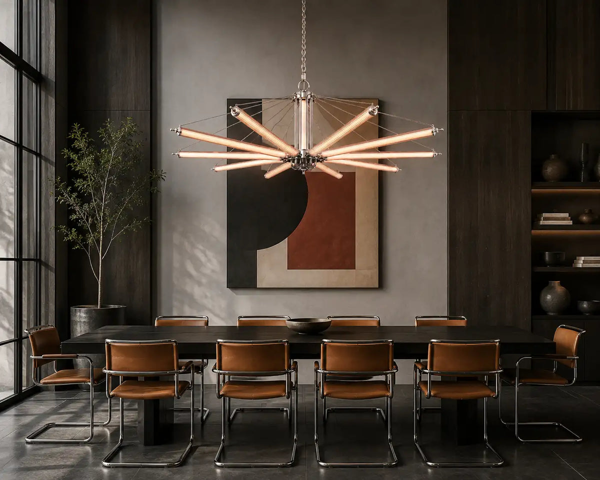 Aurora Sputnik chandelier with warm-lit ribbed glass arms above a long dining table in a modern dining room.