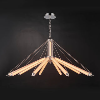 Lit Moorizon Aurora 10-light Sputnik chandelier with chain-adjustable ribbed glass tube arms angled downward.