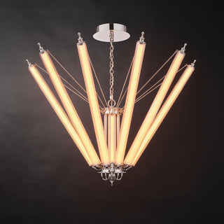 Lit Moorizon Aurora 10-light Sputnik chandelier with ribbed glass tube arms fully raised into their most compact position.