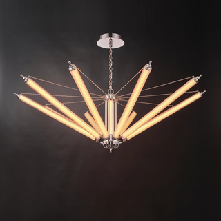 Lit Moorizon Aurora 10-light Sputnik chandelier with chain-adjustable ribbed glass tube arms raised at 45 degrees.