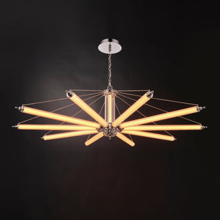 Lit Moorizon Aurora 10-light Sputnik chandelier with ribbed glass tube arms extended horizontally against a black background.