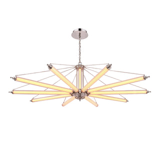 Lit Moorizon Aurora 10-light Sputnik chandelier with ribbed glass tube arms extended horizontally against a white background.