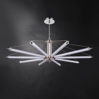Unlit Moorizon Aurora 10-light Sputnik chandelier with ribbed glass tube arms extended horizontally against a black background.