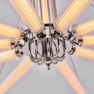 Underside view of the illuminated Moorizon Aurora 10-light chandelier with ribbed glass arms around a polished nickel center hub.