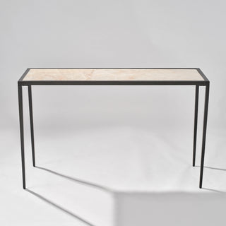 Front view of the Calcite Natural Stone Console Table with a pale veined top and slim black frame.