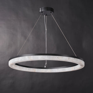 Unlit Calista Ring Calcite Stone Chandelier showing pale natural calcite panels within a matte black metal frame.