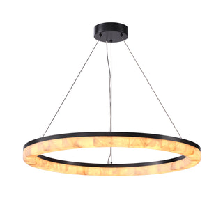 Calista Ring Calcite Stone Chandelier illuminated against a white background, showing its continuous ring of warm light.