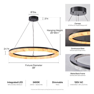 Dimension and spec diagram of the Calista Ring Calcite Stone Chandelier, 38-inch. See Dimensions, Electrical and Details.