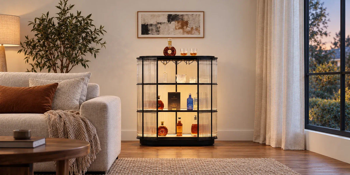 Moorizon Gatsby Rectangular LED Bar Cabinet with clear glass rods, a textured matte black frame and warm illuminated shelves, styled as a home bar beside a beige sofa and walnut table in a modern living room.