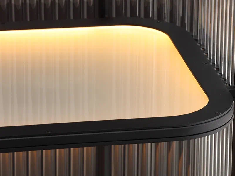 Moorizon Gatsby LED bar cabinet, warm lighted glass shelf for whiskey and liquor display, black iron frame and glass rods