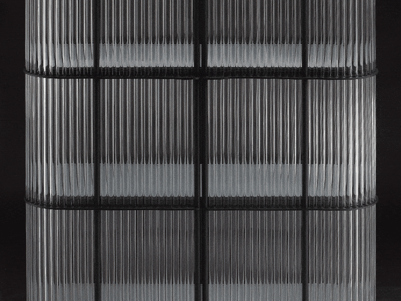 Dimmable lighted home bar cabinet in motion, warm LED shelf lights fading from bright to low behind clear glass rods