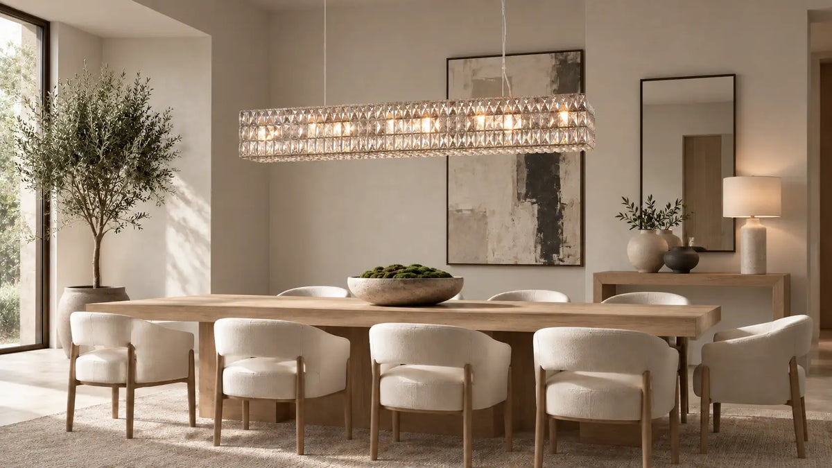 Lattice rectangular crystal chandelier glowing above an oak dining table with ivory upholstered chairs in a warm modern dining room.