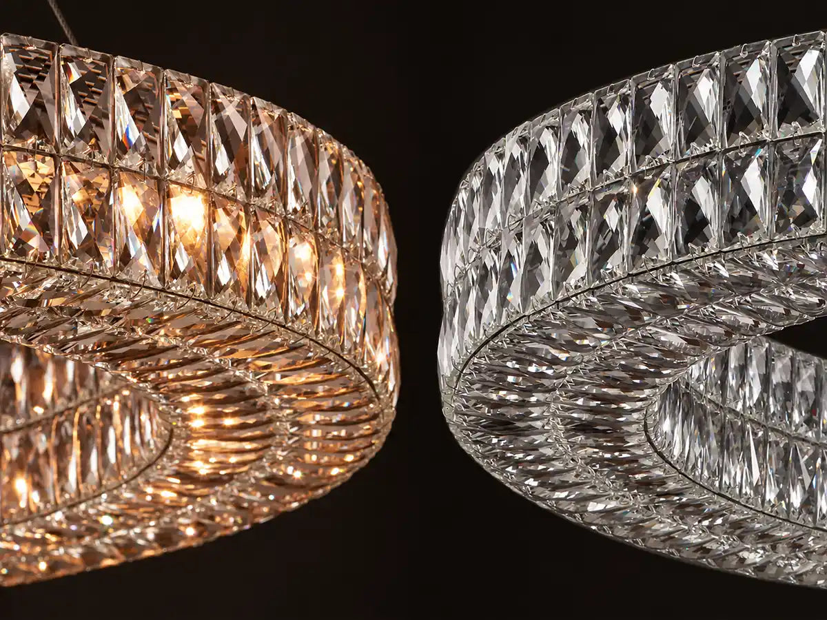 Lattice crystal ring chandelier shown lit on the left and unlit on the right, highlighting its faceted crystal details.