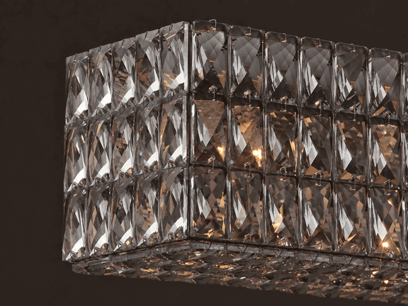 Lattice crystal chandelier cycling through low, medium, and high brightness levels.