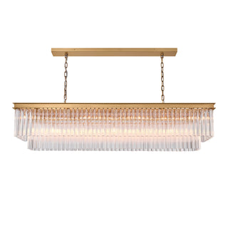 Front view of the illuminated Marais 60-inch rectangular glass chandelier on a white background, with tiered clear glass rods and a brass-finished frame suited to dining rooms and kitchen islands.