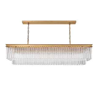 Front view of the unlit Marais 60-inch rectangular glass chandelier on a white background, displaying clear glass rod tiers, brass-finished metalwork, and a linear profile for long dining tables.