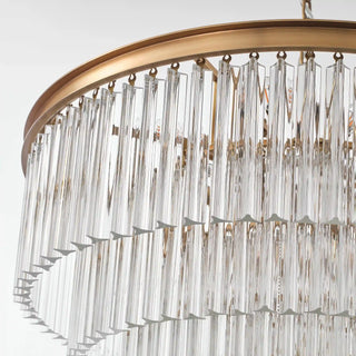 Unlit Marais chandelier detail, with glass rods featuring three concave sides, each suspended from its own hook.