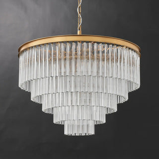 Unlit Marais chandelier with five progressively smaller tiers of clear glass rods and a ring in Aged Brass finish.