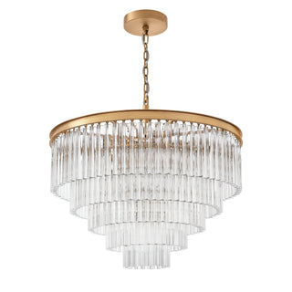 Unlit Marais five-tier glass rod chandelier with a hanging chain and round ceiling canopy in Aged Brass finish.