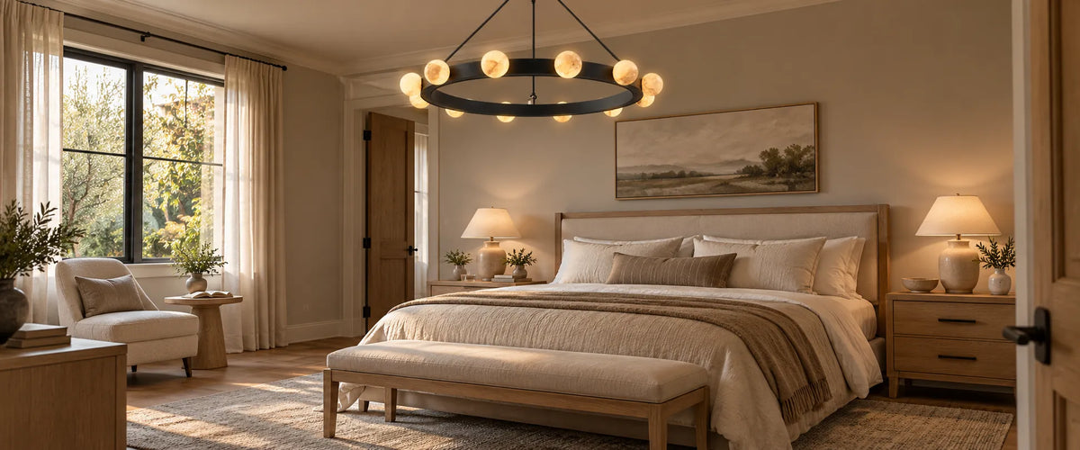 Bedroom lighting: Marquee Opal Stone Globe Ring Chandelier, glowing stone globes on a black iron ring over an oak bed with linen bedding