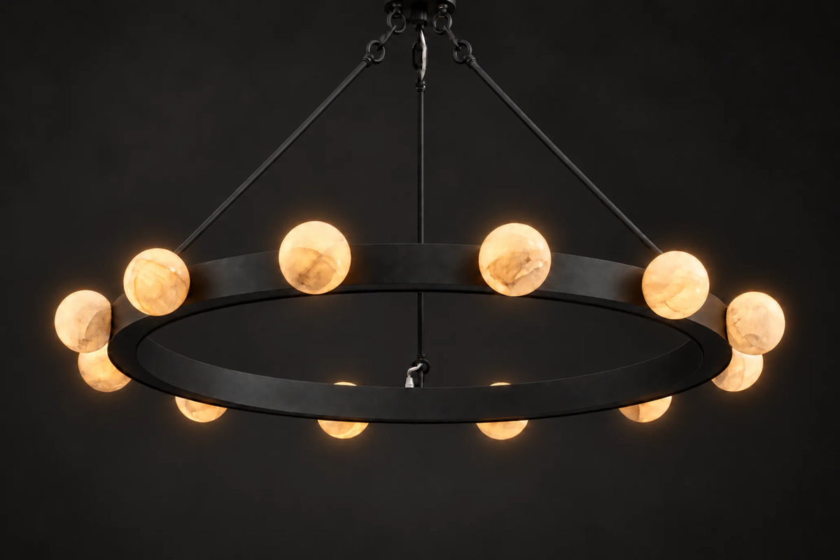 Marquee opal stone globe ring chandelier, lit, natural calcite globes on a sand-black iron ring with three suspension cables