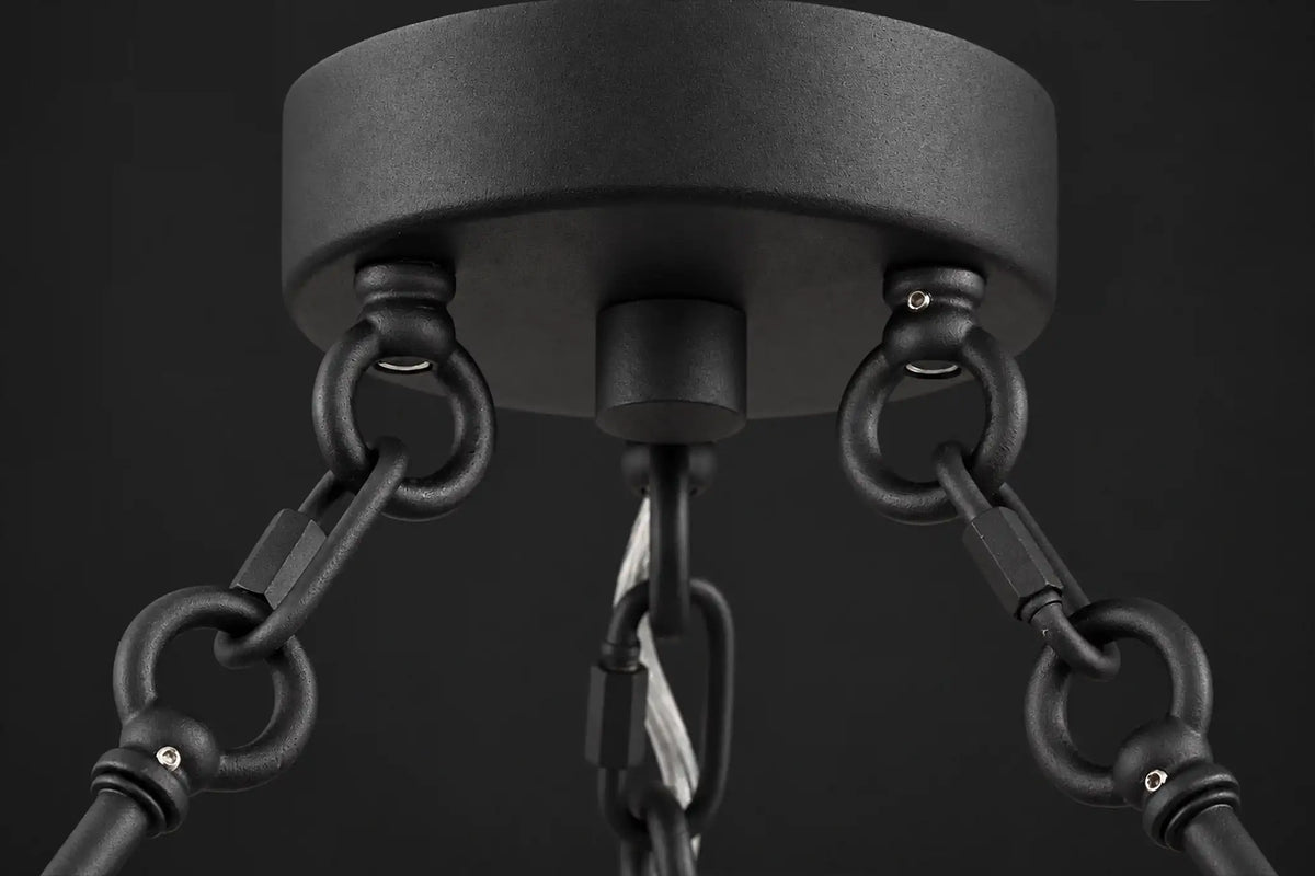 Sand-black iron ceiling canopy of the ring chandelier with three matching black chains and a central cord.