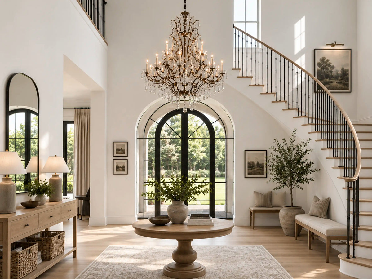 Rustline crystal chandelier glowing above a round wood table in a modern farmhouse foyer with white walls and a curved staircase.