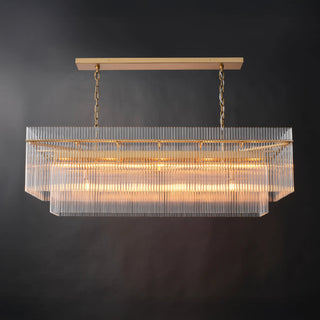 Timelore 54-inch rectangular glass rod chandelier, with warm light glowing through two tiers on a gold-toned frame.