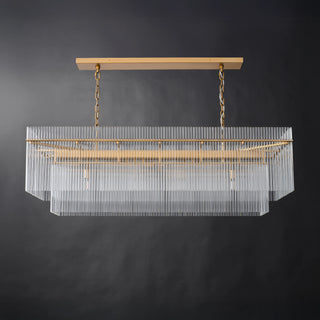 Unlit Timelore rectangular chandelier, with clear glass rods extending above the frame and forming two tiers below.