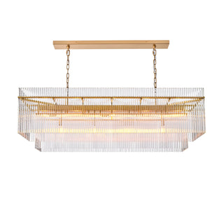Warm light shines from within the Timelore rectangular chandelier through two tiers of clear glass rods.