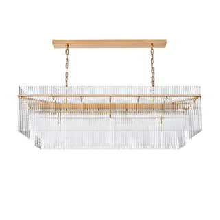 Unlit Timelore glass rod chandelier, suspended by two chains from a long rectangular ceiling canopy.