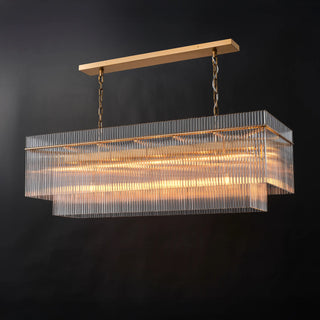 Angled view of the lit Timelore rectangular glass chandelier, rods wrapping all four sides, lower tier inset at each end