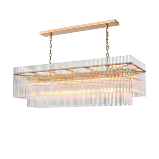 Angled view of the lit Timelore rectangular chandelier, glass rods along the long side and short end, lower tier inset