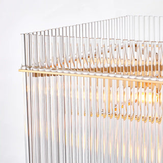 Lit close-up of the Timelore chandelier frame edge, flat-topped round glass rods each held by a small glass collar