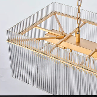 View down into the Timelore chandelier, crossbars bracing a long center bar below the chain hook