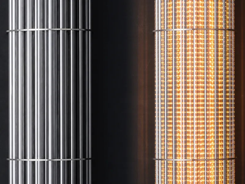 Urban Glow chandelier glass rods, split view: mirror-like when off, glowing amber when lit. Glass rod linear chandelier