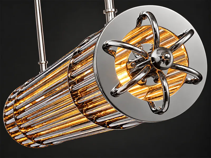 Urban Glow Linear Glass Rod Chandelier, lit: a long bundle of glowing glass rods with a nickel-finish end cap. Kitchen island linear chandelier