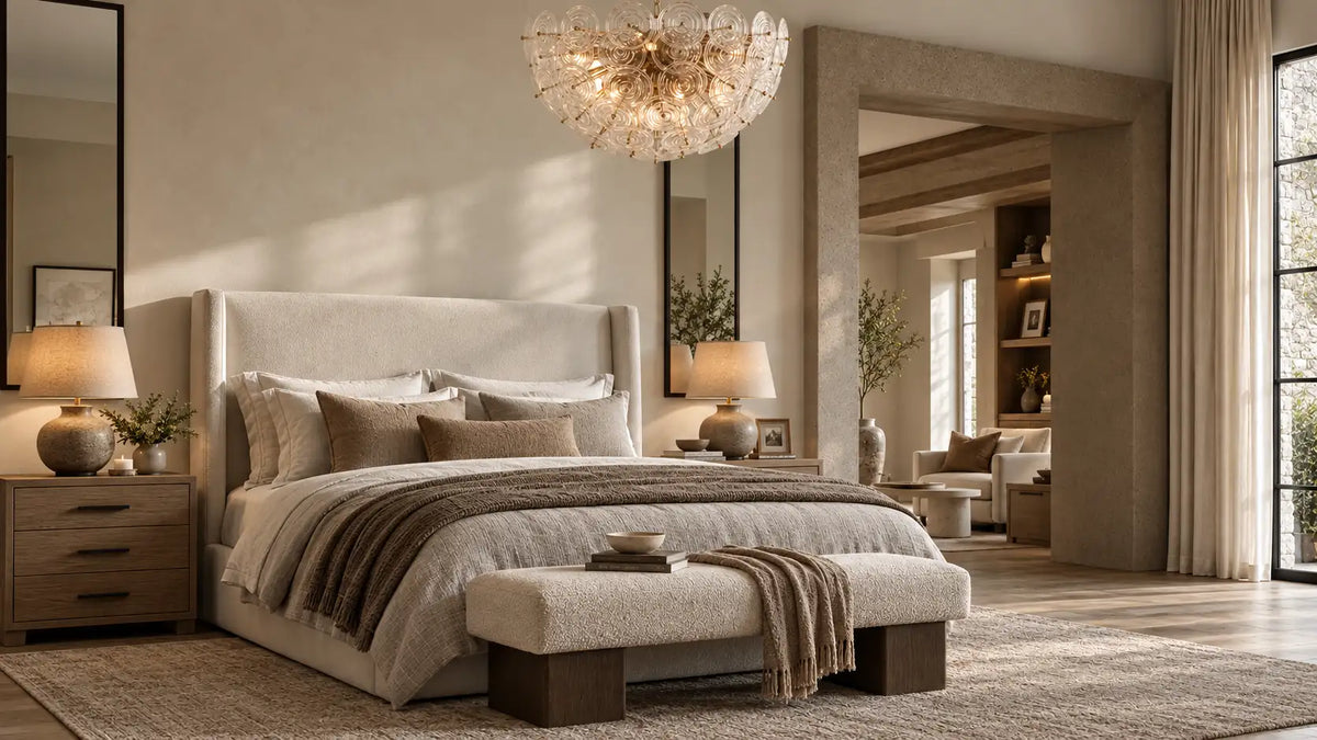 Rippled glass disc chandelier with warm brass details above a modern American bedroom with white walls, an upholstered bed, wood nightstands, and neutral layered textiles.