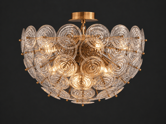 Wavora Rippled Glass Disc semi-flush mount ceiling light: a bowl of overlapping glass discs on a frame in Aged Brass finish, also hangs as a chandelier