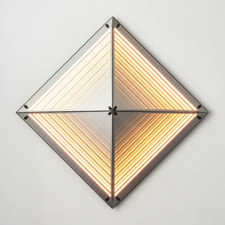 Diamond-oriented Axis LED infinity mirror illuminated with a warm geometric light pattern