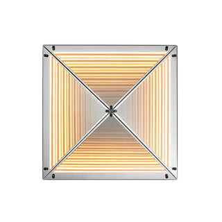 Front view of the Axis geometric LED infinity mirror illuminated with warm integrated lighting