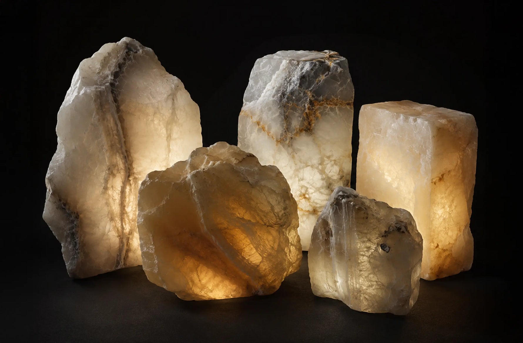 Varies of natural calcite stones illuminated to reveal their warm translucency, organic shapes, and unique veining.