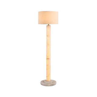 Moorizon Calista stone drum floor lamp lit on white background