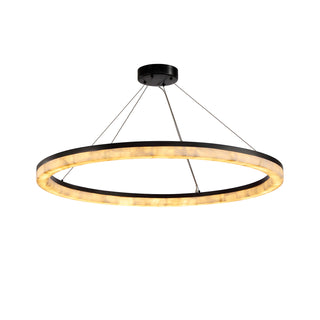 circular calcite stone chandelier with floating ring form and designer LED aesthetic