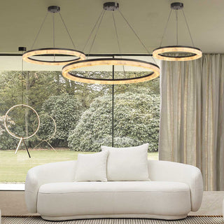 Calista round stone halo chandeliers with 3 seaters lovenest sofa in a dining room setting, Moorizon