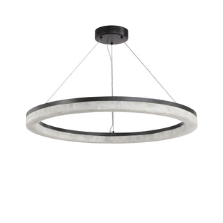 Calista chandelier highlighting matte alloy frame, black metal canopy and geometric balance