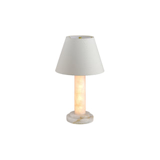 Calista modern bedside table lamp front view on white background with the light turned on